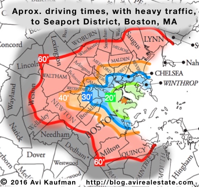 Rush hour driving times to the Seaport District, Boston